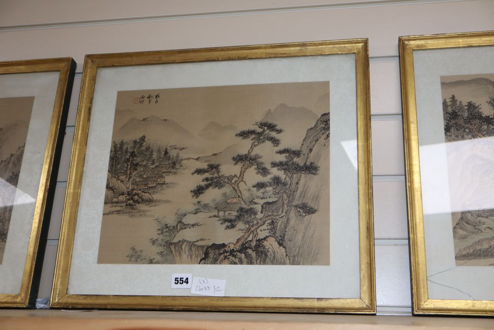 Chinese School, three watercolours on silk, Landscapes, signed, 30 x 36cm
